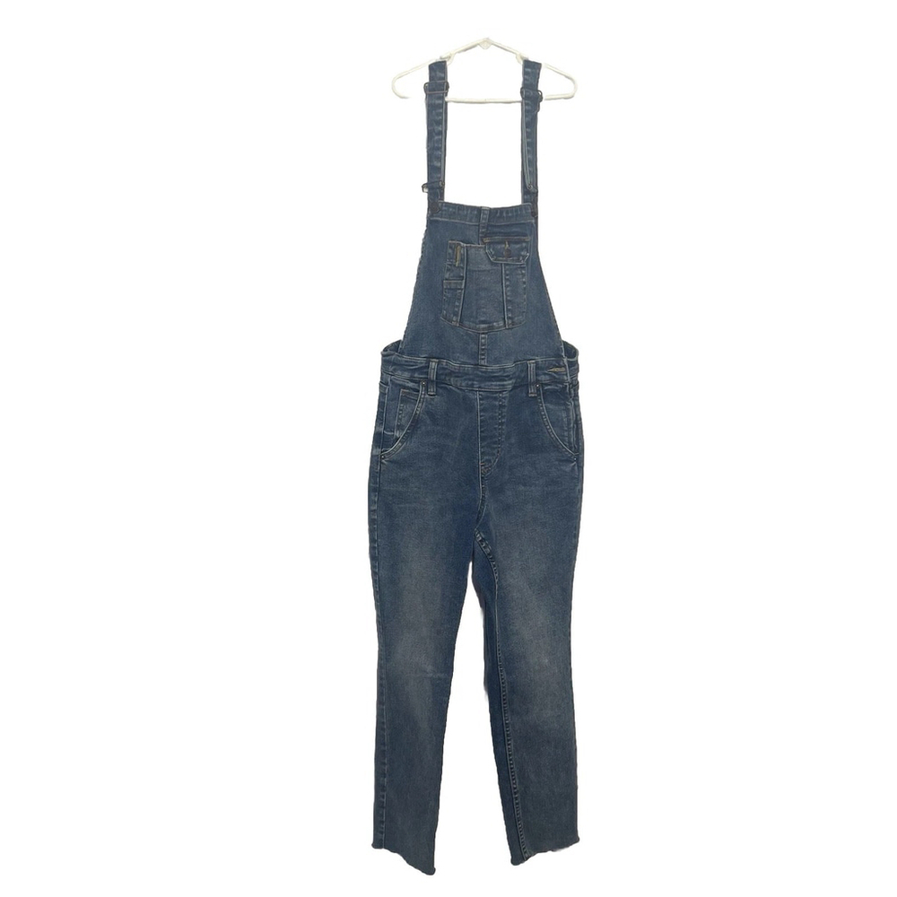 We the Free People Womens Bib Overalls Distressed Denim Blue Sz 28 Boho Raw Hem